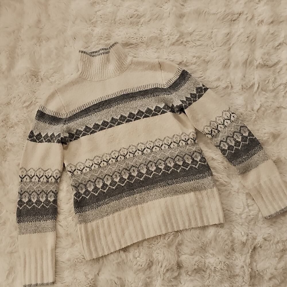 Max Studio Ivory Gray Nordic Fair Isle Patterned Turtleneck Soft Sweater Women M